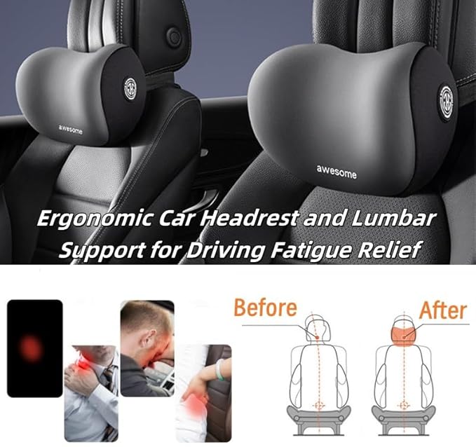 Car Headrest & Lumbar Support Cushion Kit, Ergonomic Car Seat Neck Pillow and Backseat Cushion for Driving Fatigue Relief, Driving Seat Memory Foam Neck Back Rest Pillows (Grey)