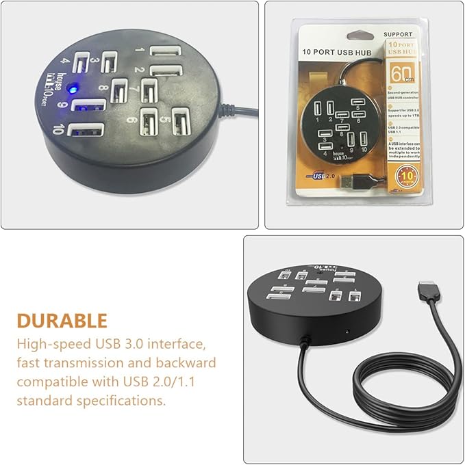 Housoutil USB Splitter 10 Port USB Hub Laptop Accessory Data Dock Station Easy Connection Cable