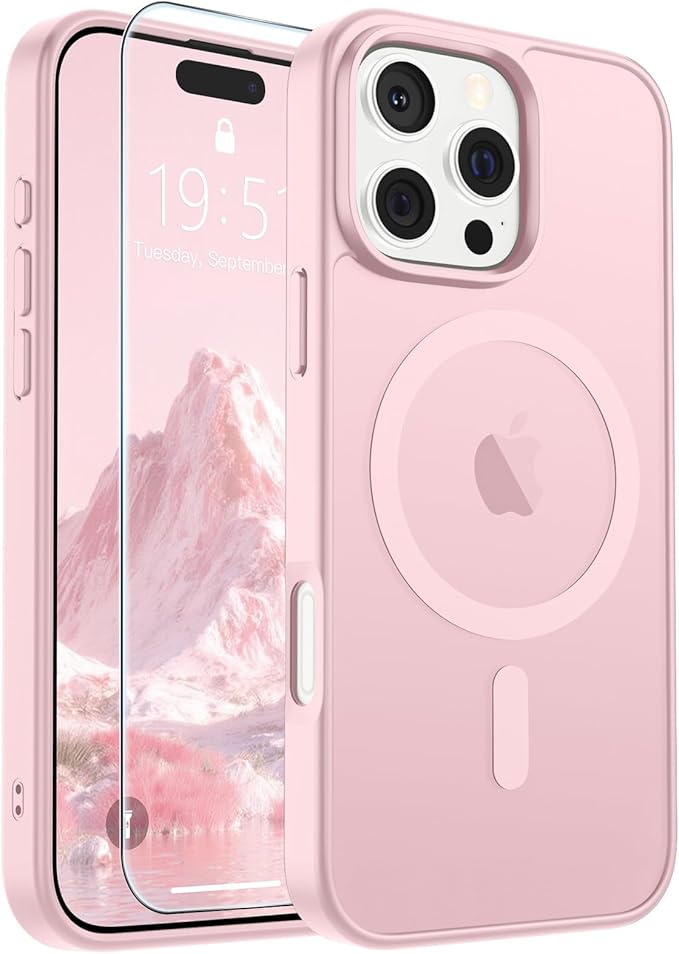 SUPFINE Magnetic for iPhone 16 Pro Max Case with Screen Protector (Compatible with MagSafe) (Military Grade Drop Protection) Translucent Matte Shockproof Phone Cover,Light Pink