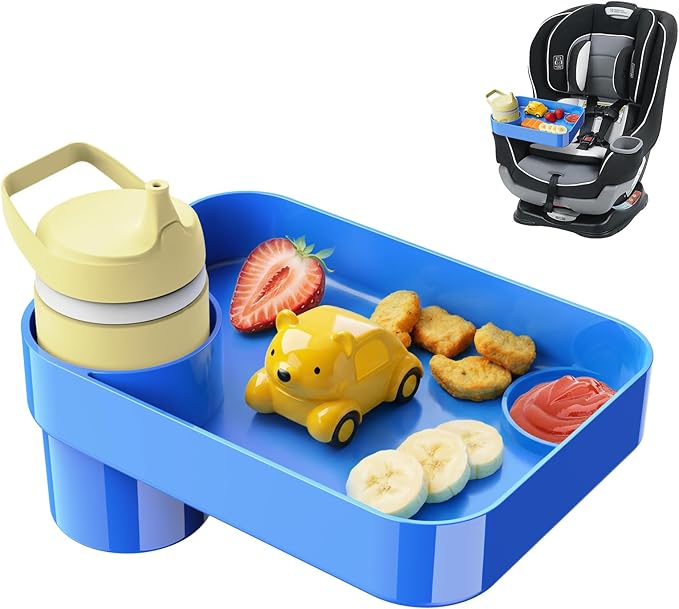 Car Seat Snack Tray for Toddlers - 3 Inch Cup Holder Fits Most Sippy Cups & Straw Bottles with Dip Well, Mess-Free Square Kids Travel Tray Road Trip Essentials, Blue