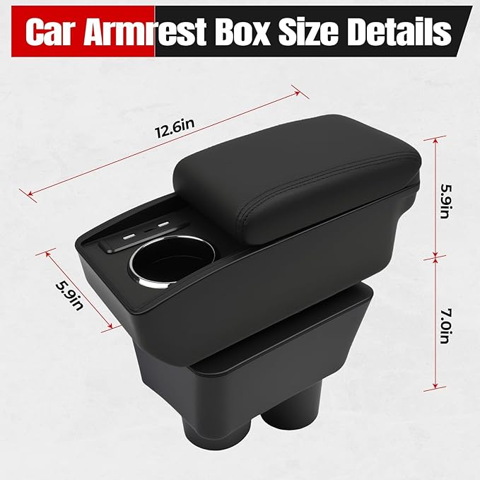 Car Armrest Storage Box Compatible with Nissan Almera Versa 2012-2019 Double Layer with 6 Ports and Cup Holder Car Interior Accessories Black Thread