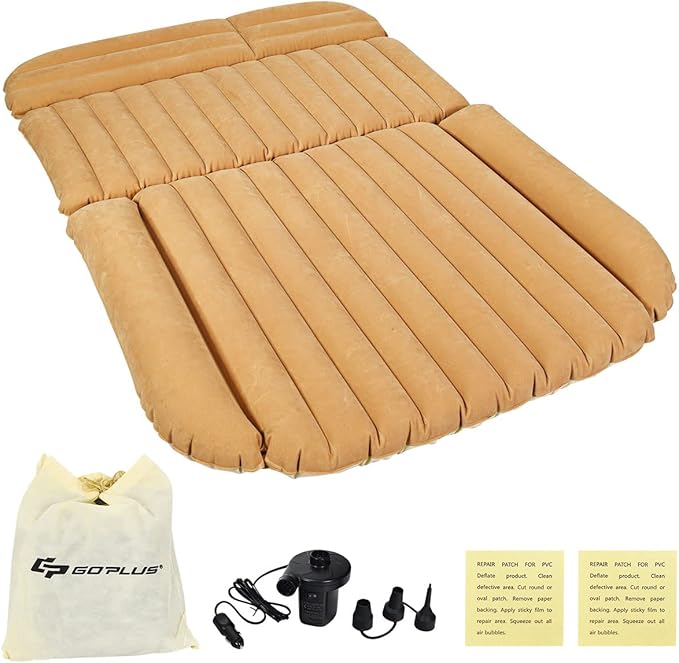Goplus Car Bed, Air Mattress Back Seat with Pillow, Flocking Surface, Electric Air Pump, Repair Kit, Inflatable SUV Truck Bed Mattress for Traveling, Camping, Sleeping, Yellow