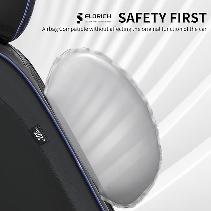 FLORICH Leather Seat Covers for Cars, Car Seat Cover Full Set Luxury Faux Leather Waterproof Seat Cover Full Coverage Seat Protector Universal Fit for Most Cars SUV Trucks, Black&Blue Line