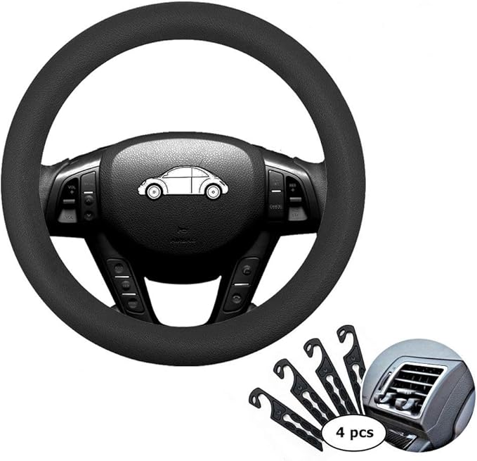Direct Silicone Auto Car Steering Wheel Cover 13"-15" / 33-38cm, with 4 pcs Air Vent Hook - Black