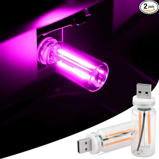 2 PCS Car USB Lights, Plug-in Retro Car Atmosphere Lamp with Touch Dimmable, Portable Mini Glass Bottle LED Bulb Night Lights for Vehicle Bedroom Hallway Camping Holiday Decoration (Purple)