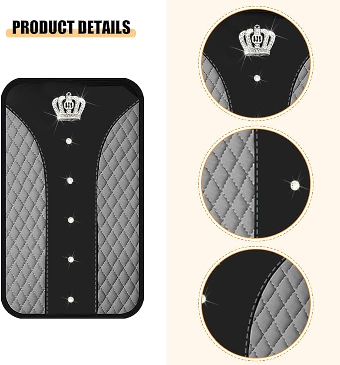 Bling Car Center Console Cover, Crown Crystal Rhinestones Vehicle Armrest Mat Protector, Anti Slip Sparkling Automotive Arm Rest Seat Box Cushion Pad Decor Accessories, Universal Fit (Gray)
