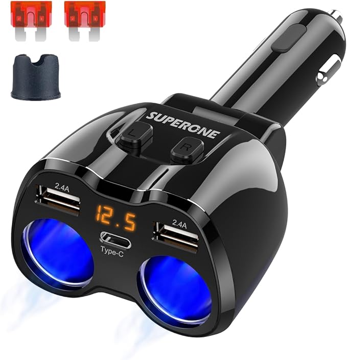 SUPERONE Upgraded Cigarette Lighter Splitter, 2 Socket Cigarette Lighter Adapter with LED Voltmeter, Dual USB A 12V and Type C 20W PD Car Charger Adapter for Mobile Cell Phone GPS Dash Cam