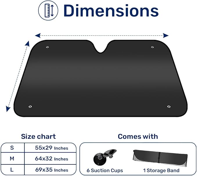 GENANY Black Windshield Sun Shade for Car SUV Truck (64x32 Inches), Sun Shade Windshield, Shades for Front Windows, Protector Blocks UV, Car Decor