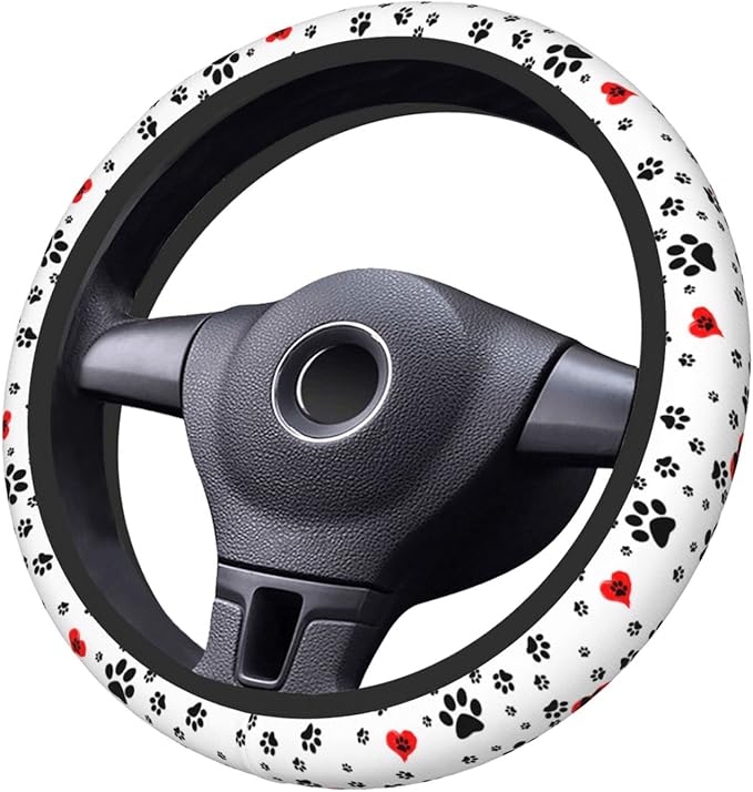 Dog Paws Print Steering Wheel Cover Women Men Elastic Stretch Soft Car Wheel Protector Universal Breathable No-Slip Car Accessories for Truck Van SUV Auto Fit 14-15 Inches