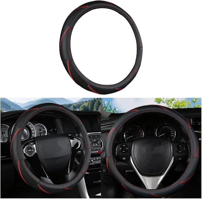 BELOMI Car Steering Wheel Cover, Anti Slip Leather Breathable Vehicle Protector, Comfortable Grip Automotive Interior Protective Guard Accessories, Universal for SUV, Sedan, Truck (Black/Red)