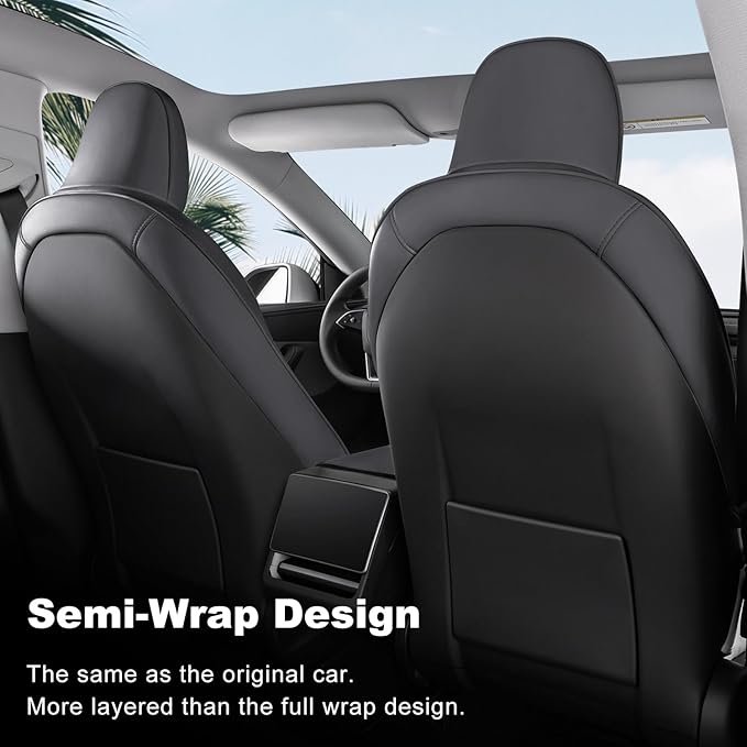 Front Seat Covers for 2025–2026 Tesla Model Y Juniper, Nappa Leather Custom Fit Front Row 2-Piece Set, Airbag Compatible Car Interior Seat Cushion Covers, Black, 2-Pack