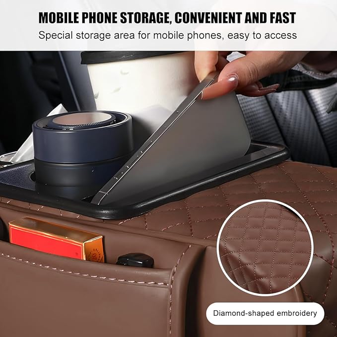 Car Armrest Cushion, 5-in-1 Nappa Leather Vehicle Centre Console Cover with 2 Storage Pockets, Cup Phone & Phone Holder, Multifunctional Auto Organiser Accessories, Universal Fit (Coffee)