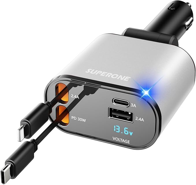 SUPERONE 【Upgraded】 Retractable Car Charger 4 in 1, Fast Car Phone Charger with Cord 2.6ft, USB C and Apple Car Charger Adapter, Compatible with iPhone 17/16/15/15 Pro Max/14/13/12/11, Galaxy, Pixel