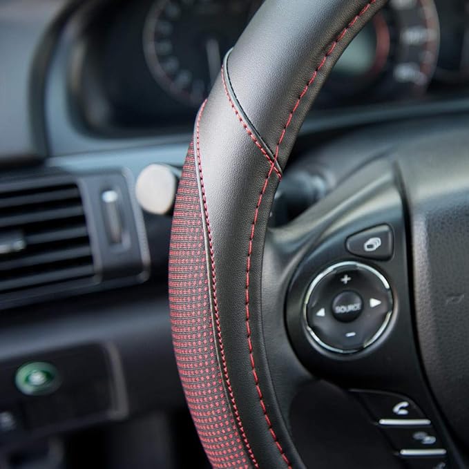 Motor Trend Wine Steering Wheel Cover - Dotted Comfort Polyester Grip on Stitched Synthetic Leather, Wine Stitching/Black