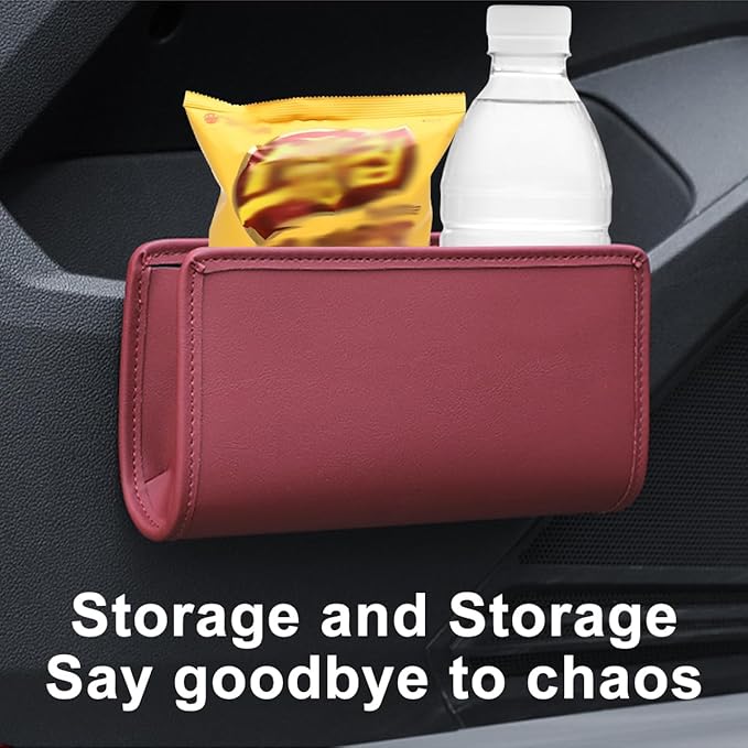 Car Seat Side Storage Pocket, Leather Hanging Foldable Multifunctional Vehicle Front Door Back Organizer Box, Waterproof Auto Interior Organizing Container, Universal fit(Wine Red)