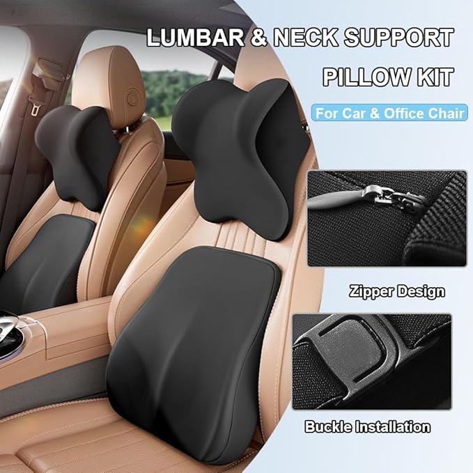 Car Headrest and Lumbar Support Cushion, Car Lumbar Support Pillow Car Neck Pillow Kit, Ergonomic Car Seat Headrest Pillow Lumbar Cushion with Adjustable Strap for Neck Back Pain Relief (Pink)