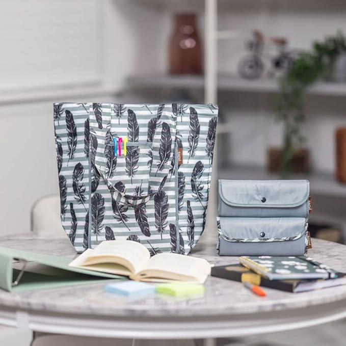 SACHI 3 Piece Market Tote Set – Insulated Thermal Reusable Grocery Bags for Cold and Hot Foods – Lightweight, Portable and Fold-able (Grey Feather Stripe)