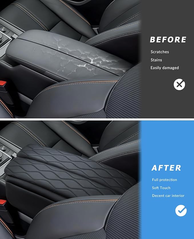 INTGET Center Console Cover for Mazda CX5 Accessories 2026/CX50 CX-50 2023 2024 2025 2026 Car Interior Leather Armrest Arm Rest Lid Cushion Pad Protector (2023+, Black Stitches with Pattern)
