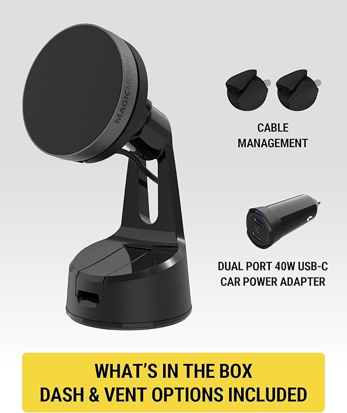 Scosche Qi2 MagSafe Car Mount, 15W Wireless Charging Suction Cup Phone Mount, Magnetic Windshield/Dashboard Cell Phone Holder with Fast USB-C Car Charger Compatible with iPhone 16/15/14/13/12, S25