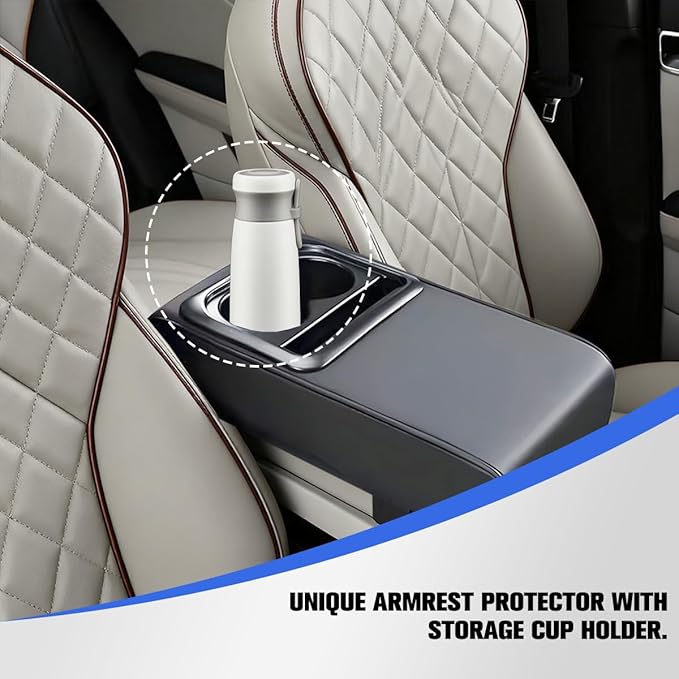 Car Center Console Armrest Pillow, Vehicle Armrest Seat Box Cushion Pad with Cup Holder & Phone Holder, Comfortable Auto Middle Console Cover, Universal for SUV RV Truck (Gray)