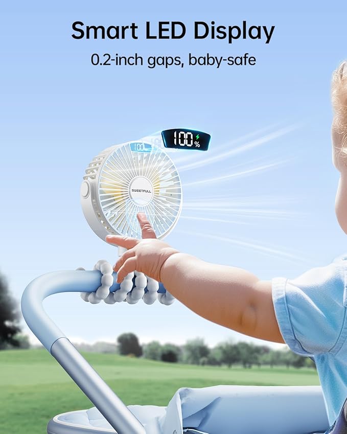 SWEETFULL Portable Stroller Fan with LED Display, 4 Speed Rechargeable Mini Clip On Fan, 360° Rotate Flexible Tripod Better Cooling Small Baby Fan for Car Seat Crib Travel Bike Treadmill (White)