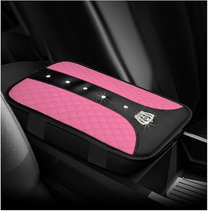 Bling Leather Car Center Console Cover, Anti-Slip Crown Armrest Seat Box Cushion Pad with Rhinestones, Waterproof Crystal Arm Rest Protector Interior Decor for Most Vehicles (Pink)
