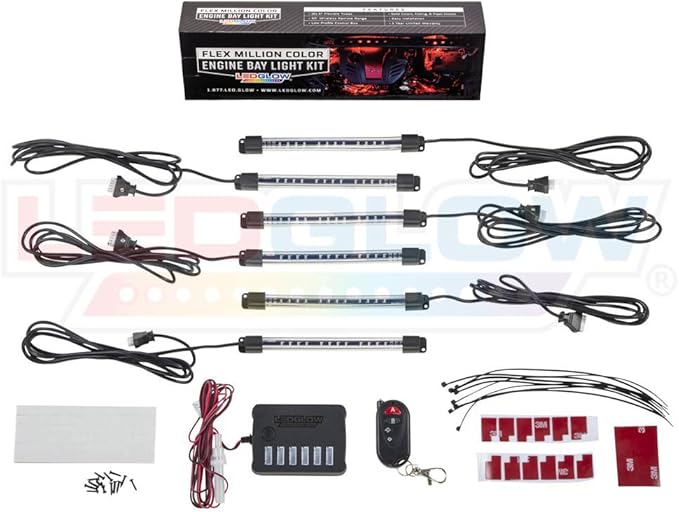 LEDGlow 6pc Million Color LED Engine Bay Under Hood Lighting Kit - Multi-Color Underhood Lights for Car & Truck - 15 Solid Colors - 9 Modes - 6" Flexible Tubes - Includes Control Box & Wireless Remote
