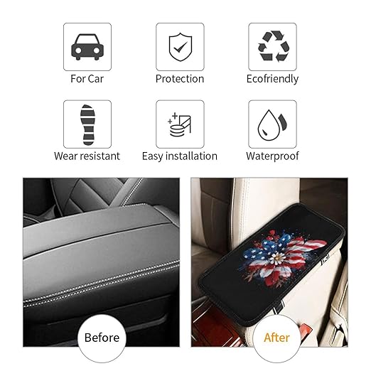 American Flag in Red Flower Car Auto Armrest Cushion Cover Accessories Center Console Seat Box Pad Protector Universal Decoration for Most Vehicle SUV Truck