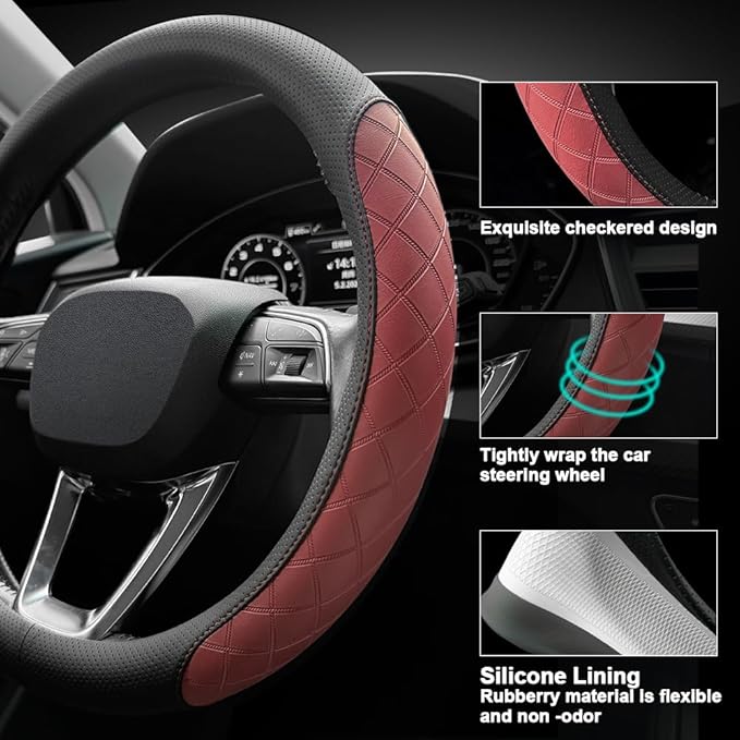 LKWLIKEI Nappa Leather Steering Wheel Cover,Elegant Diamond Checkered Design, Non-Slip wear-Resistant, Enhance Driving Comfort, Suitable for Steering Wheel Diameter 14 1/2‘-15’ Models