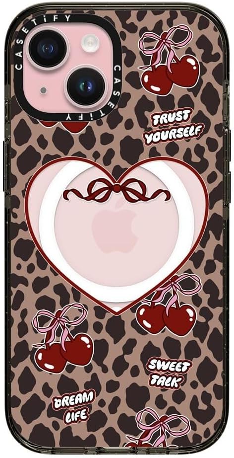 CASETiFY Impact iPhone 15 Case [Slim/Compatible with Magsafe / 8.2 ft. 4X Military Grade Drop Protection] - Leopard Cherries - Clear Black