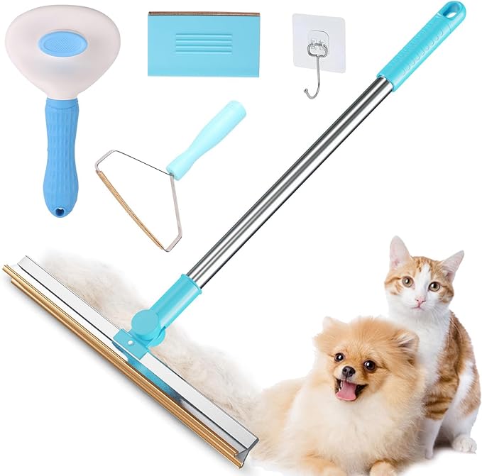 Carpet Rake for Pet Hair Removal Tool 5-in-1 Set Includes Retractable Carpet Rake, Grooming Brush, Hair Scraper, Hooks & Lint Removers for Carpets, Rugs, Furniture & Car Interiors