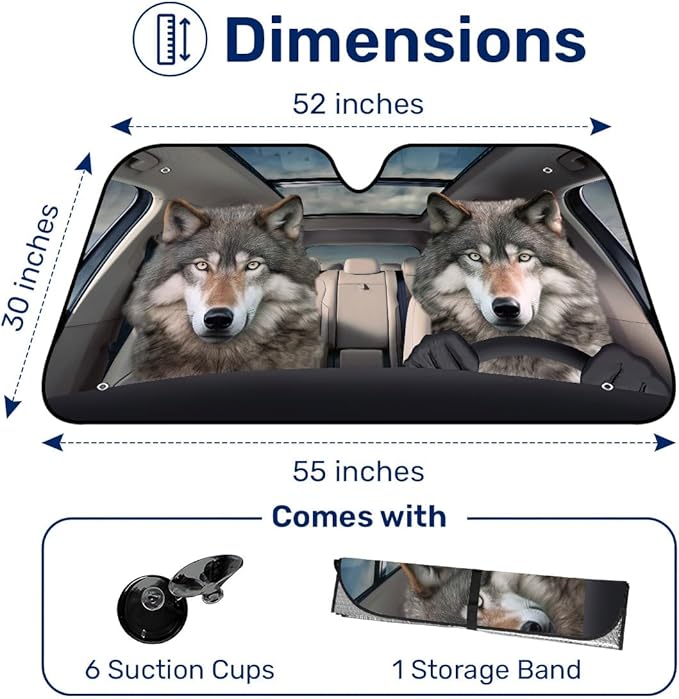 GENANY Wolf Couple Funny Windshield Sun Shade for Car SUV Truck (55x30 Inches), Sun Shade Windshield, Shades for Front Windows, Protector Blocks UV, Spring Car Decor