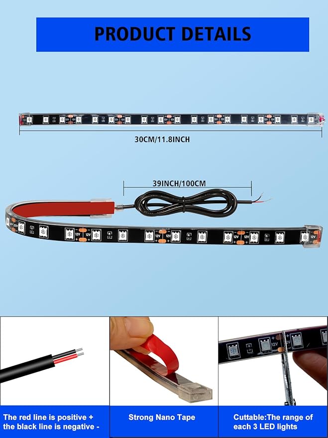 YM E-Bright 4Pcs Led Strip Lights for Car, 12inch Waterproof IP68 Car Underglow Strip Lights Decoration 18SMD 12V Led Interior Exterior Lights Strip for Cars Motorcycles Truck Golf Cart Boat - Blue
