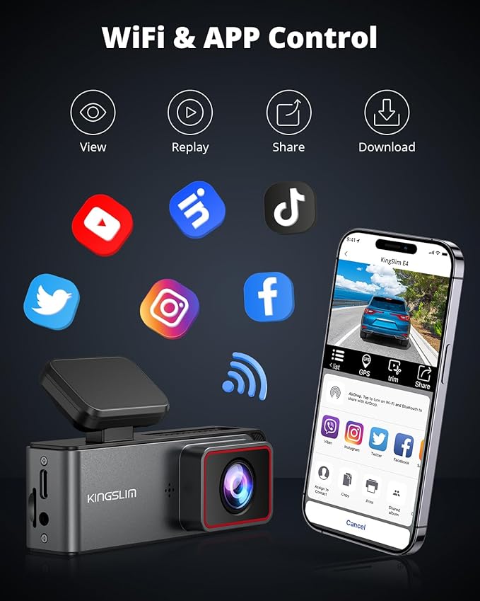 Kingslim E4 4K Dash Cam Front and Rear, WiFi Front 4K Rear 1080P Dual Dash Camera for Cars, Mini Dashcam with APP Control, Night Vision, Parking Mode