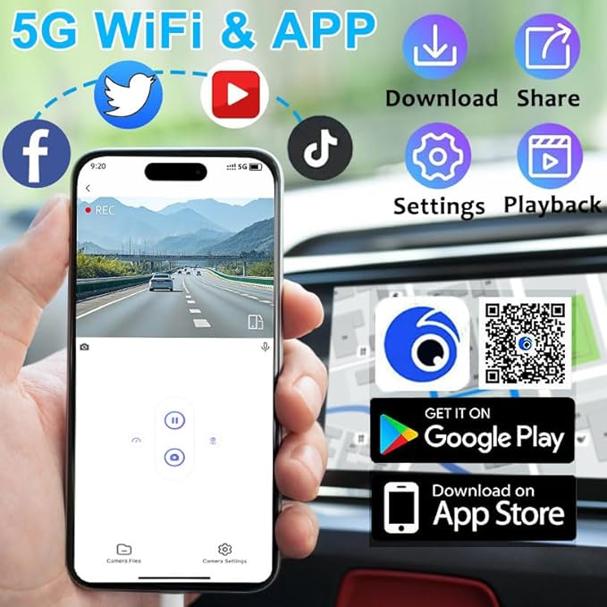 4 Channel 4K Dash Cam Front and Rear Inside, 360° View 1080P Dash Camera for Cars, Super Night Vision, Gravity Sensor, Loop Recording, WDR, 24H Parking Mode, WiFi & APP Control, with 64GB Card