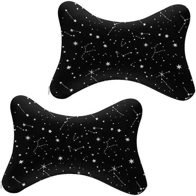 Headrest Pillow for Car Seat, 2 Pcs Memory Foam Neck Support Pillow for Neck Pain Relief, Compatible with Zodiac Constellation Galaxy Black Starry Night Stars Glow Dark Midnight Car Office