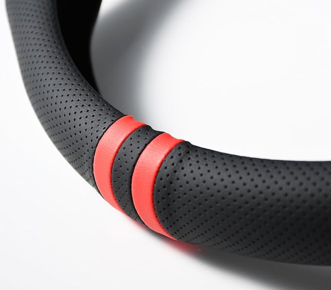 Quick Install Sporty Perforated Nappa Leather Steering Wheel Cover with Red Stripes Universal fit 14½" to 15" Car SUV Pickup 14.5 to 15 inches Napa