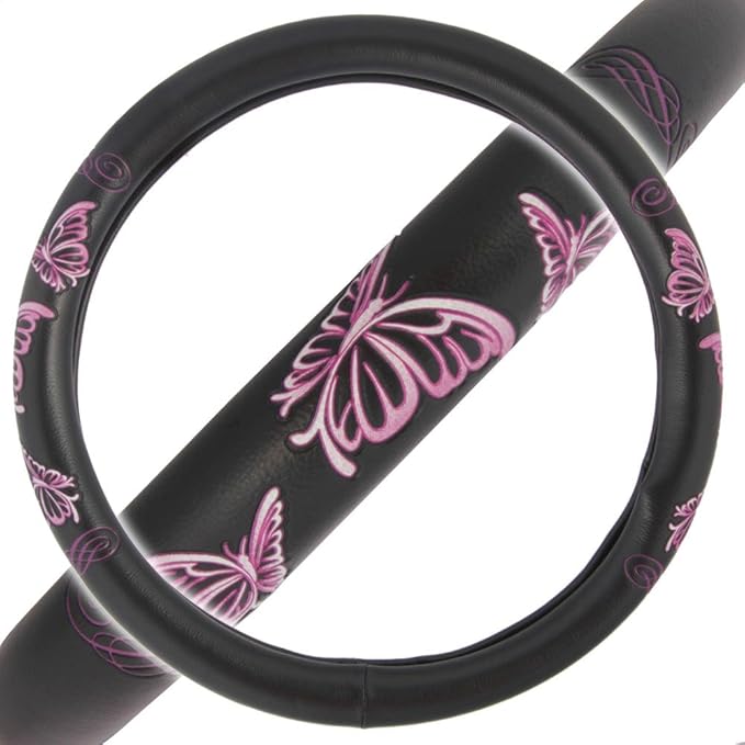 BDK Design Comfort Grip Steering Wheel Cover for Car SUV Van and Truck, 15 inch Standard Size, Pink Butterflies