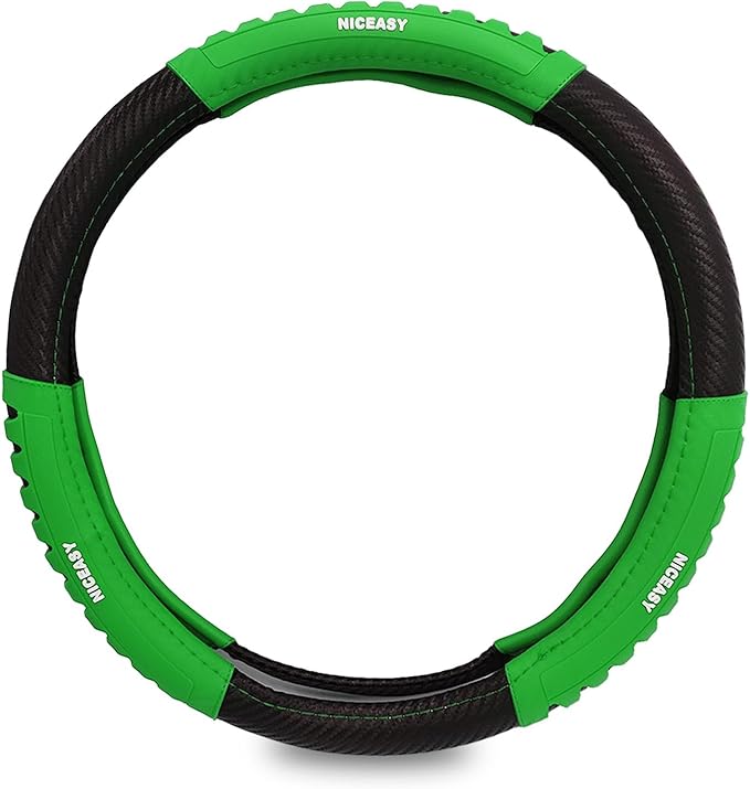 Sport Style Black Carbon-Fiber Steering Wheel Cover with Green Grip Steering Wheel Accessory,Universal Fit 14.75-15 inch Steering Wheel