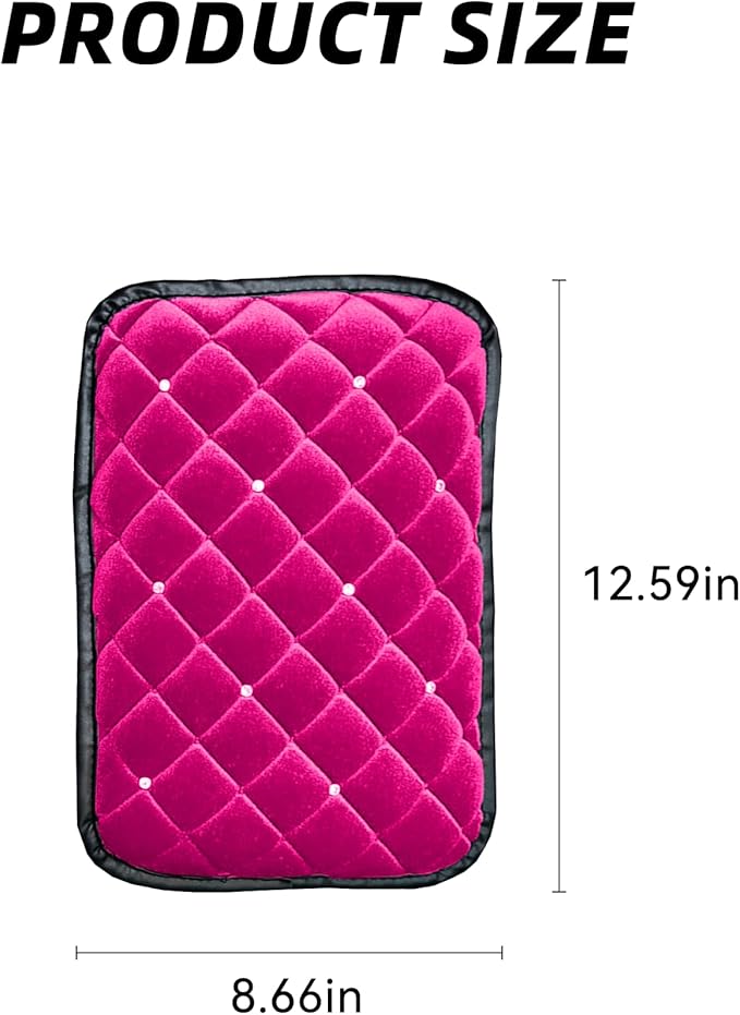Bling Car Armrest Cover, Crystal Rhinestone Fluffy Automotive Armrest Seat Box Cushion Pad, Soft Comfortable Diamond Car Center Console Cover, Universal Vehicle Accessories (Rose Red)