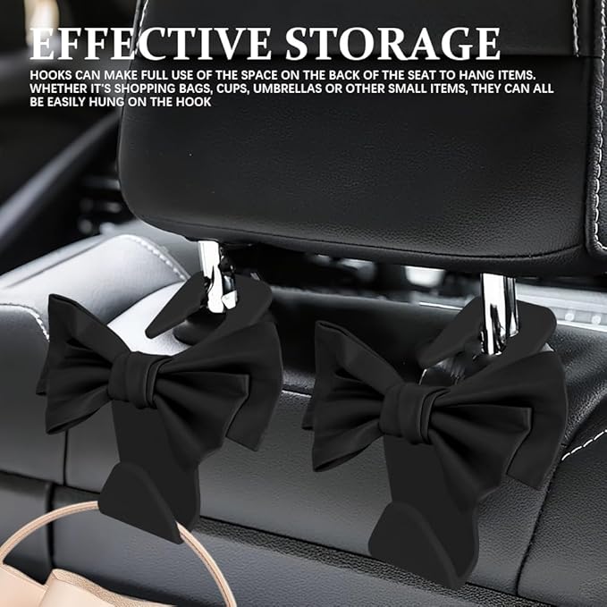 2PCS Car Purse Hooks, Car Hooks for Purses and Bags Cute, Cute Bow Shaped Vehicle Backseat Storage Hanger, Auto Leather Bow Back Seat Storage Hanging Holder Universal for Women Girls (Black)