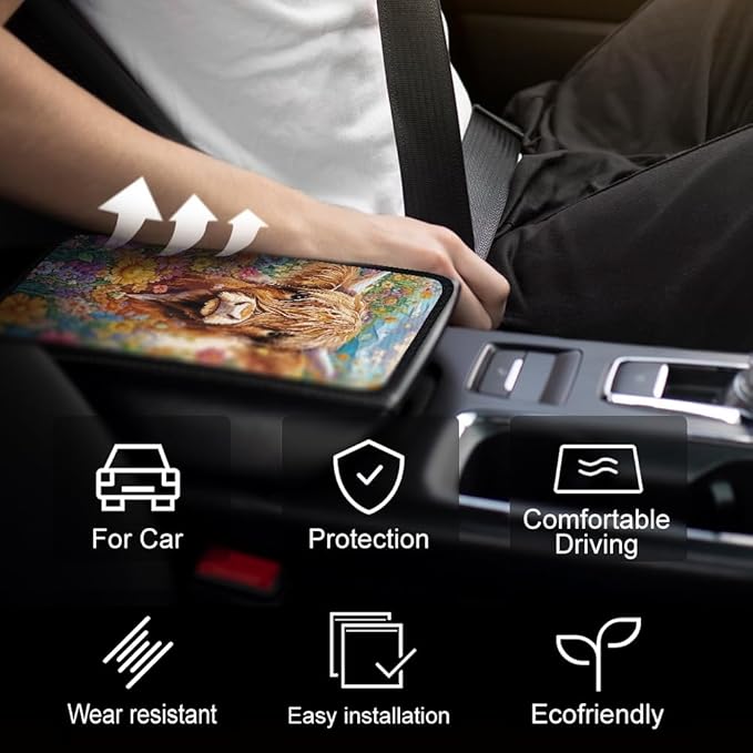 1pc Center Console Armrest Cover Pad 12.6x7.5 inch Highland Cow Neoprene Car Armrest Cushion Waterproof Armrests Seat Box Cover Protector for Universal Cars Vehicles SUVs