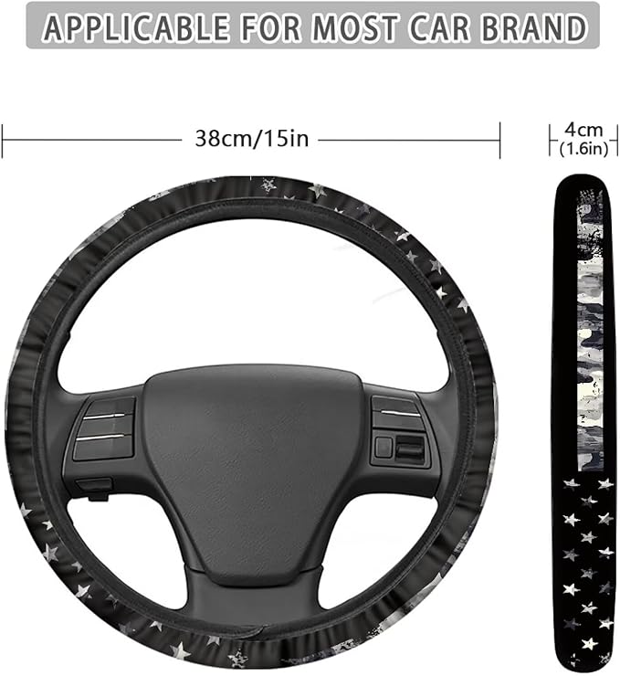 SEANATIVE Gray US Flag Auto Steering Wheel Cover Auto Interior Protector Accessiores,Non-Slip Universal fit 15 inch, for Van Car Sedan SUV