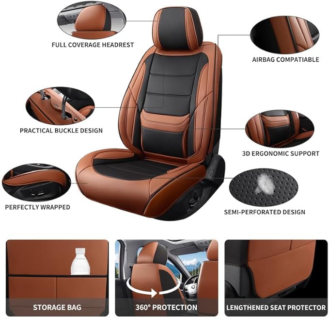 Car Seat Covers Full Set Custom Fit for Ford Ranger 1999-2025 2026-Luxury Leather with Lumbar Support, Breathable, Waterproof, Anti-Slip, Durable, Easy to Install (BlackBrown,Full Set)