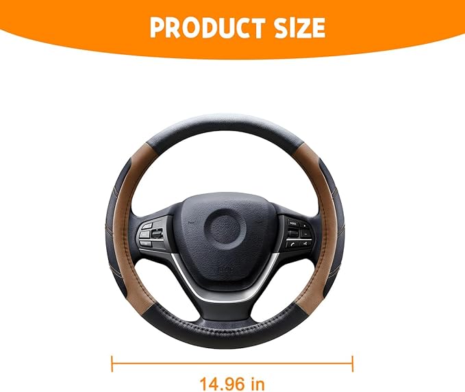 Mandark Car Steering Wheel Cover, Elastic Sport Leather Vehicle Steering Wheel Protector, Non-Slip Soft Grip Padded Auto Interior Protective Accessories, 14.5-15 Inch Universal Fit（Coffee）