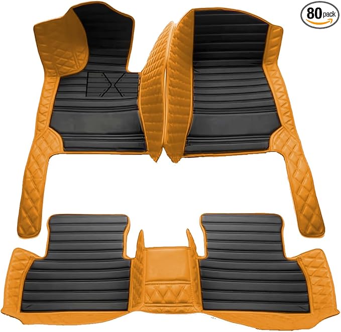 TREGOO All Weather Car Mats Custom Fit Non Slip Floor Mats for 1998-2025 Cars Personalized Leather Protection Pads Suitable for Men Women (Edge Orange Black Horizontal Bar)