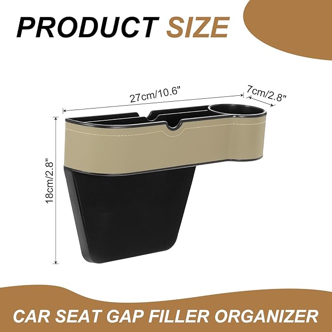 HARFINGTON Car Seat Gap Filler Organizer 10.6 x 7.1 x 2.8 Inch ABS+Leather Universal Car Organizer Storage Box Between Seat and Console (Right) with Cup Holders for Phone Keys, Beige