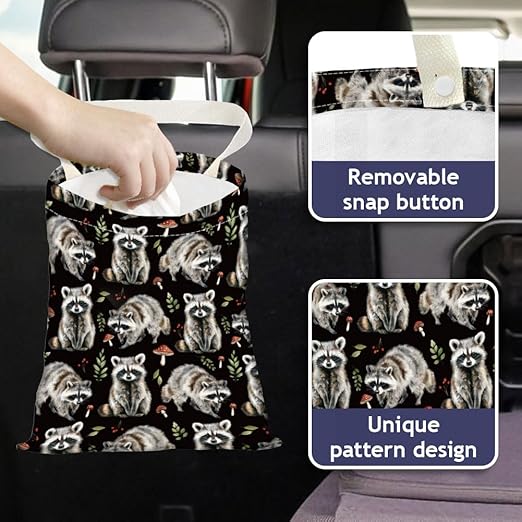 Raccoon Print Car Trash Bag Hanging Garbage Bag with Snap Buttons Car-Back Seat Trash Storage Portable Dustbin for Car Interior Accessories Travel Camping