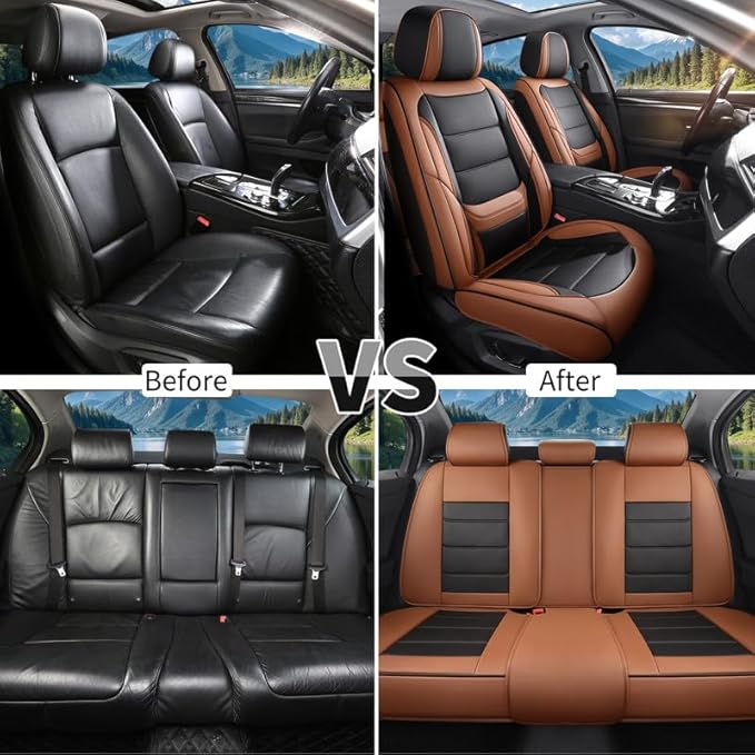 Car Seat Covers Custom Fit for Chevrolet/Chevy Spark 2012-2022 , Premium Faux Leather Waterproof Car Seat Protectors with Lumbar Support, Breathable Anti-Slip Easy to install(Black&Brown,Full set)