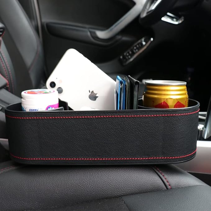 Car Cup Holder Seat Gap Organizer, Multifunctional Cup Drink Holders with PU Leather Cover,Side Insert Center Console Gap Filler Storage Box for Mug Bottle CellPhones Keys Coffee Coasters Cards